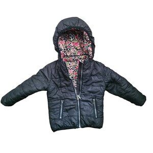 3 Pommes Girls Black Floral Quilted Reversible Puffer Winter Coat